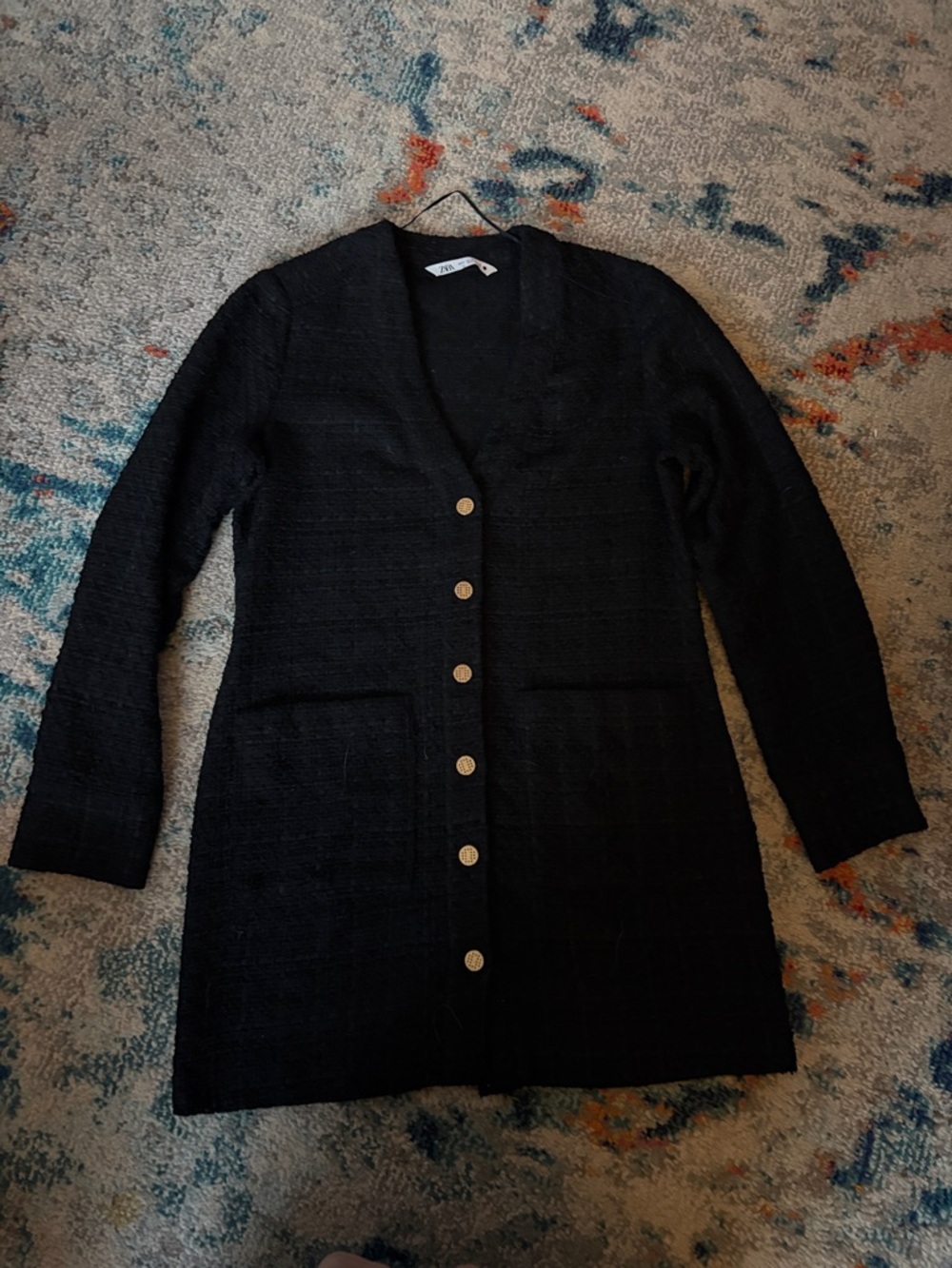 Zara Black Long Sleeve Mini Dress Cardigan with Gold Buttons